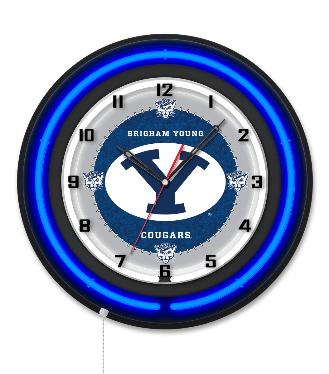 Clk19BKBrigYn NCAA 19 in. Dia. Brigham Young University Double Neon Wall Clock, Black