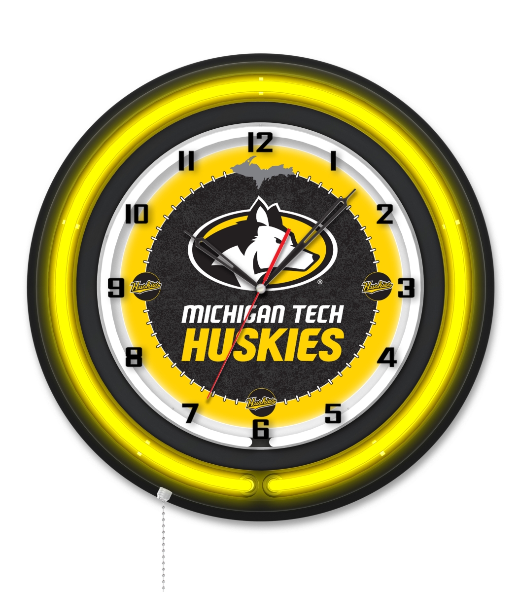Clk19BKMITech NCAA 19 in. Dia. Michigan Tech University Double Neon Wall Clock, Black