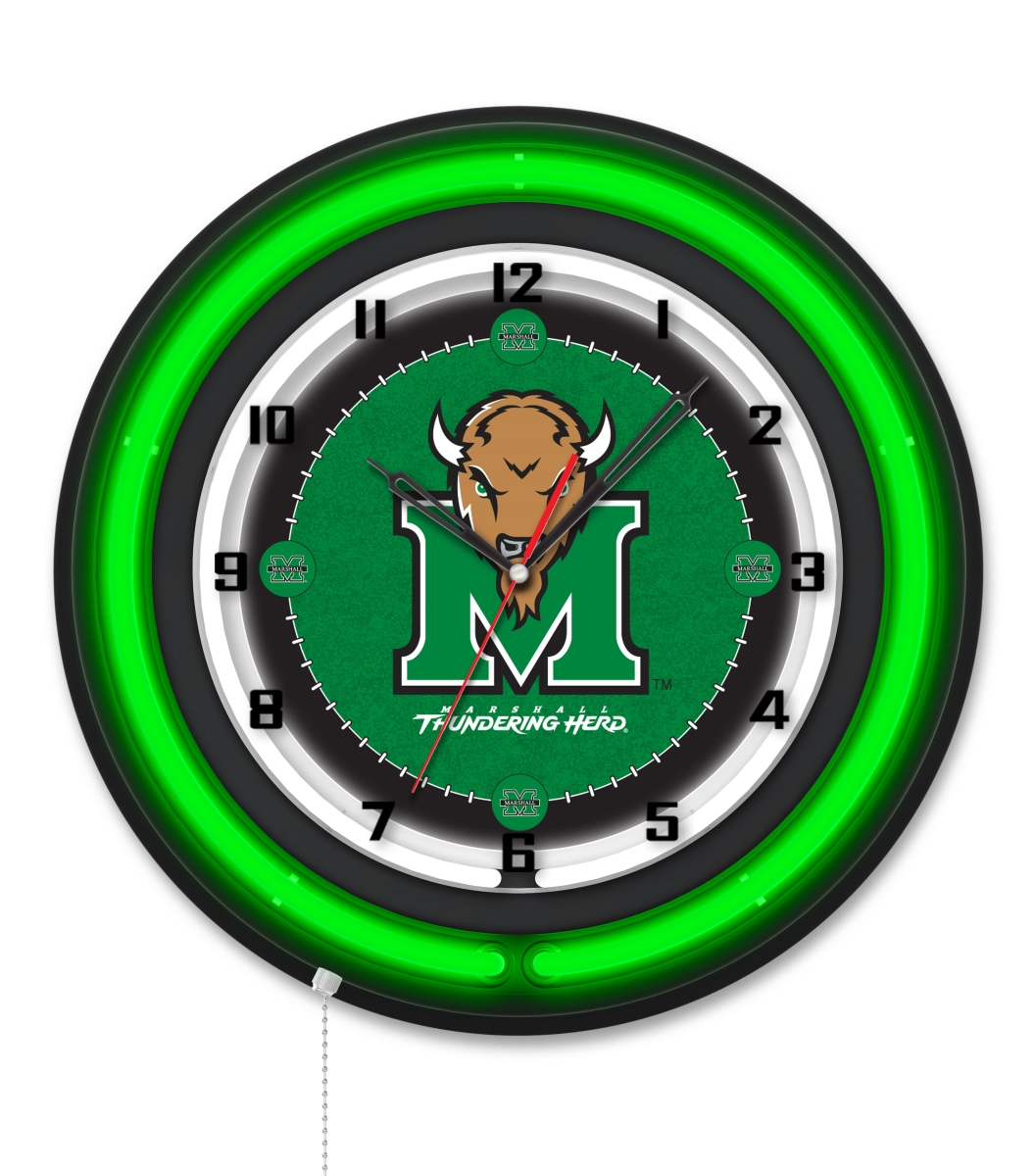 Clk19BKMrshll NCAA 19 in. Dia. Marshall University Double Neon Wall Clock, Black