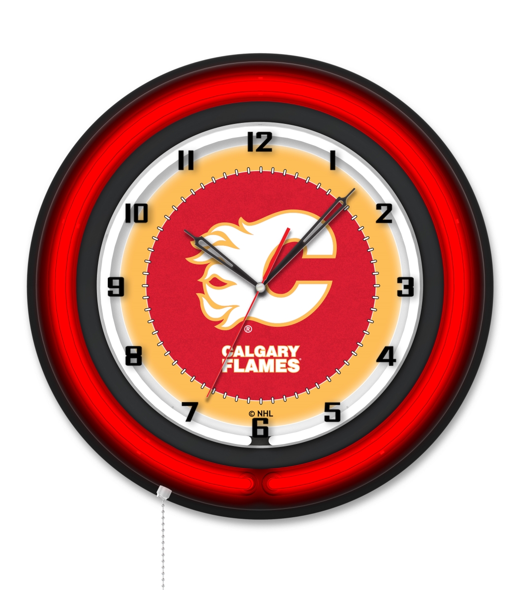 Clk19BKCalFla NHL 19 in. Dia. Calgary Flames Double Neon Wall Clock, Black