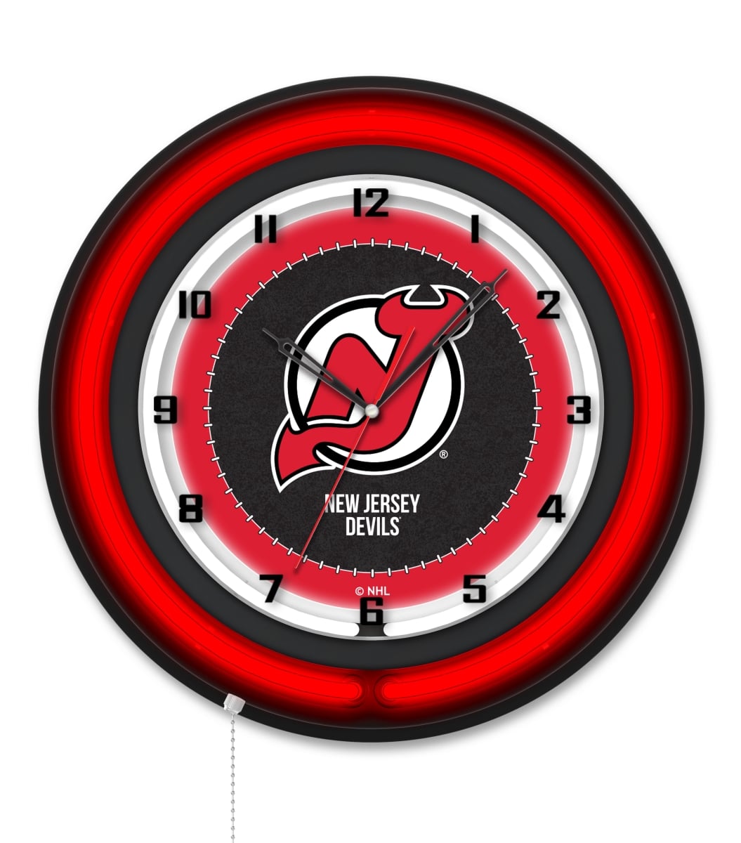 Clk19BKNJDevl NHL 19 in. Dia. Jersey Devils Double Neon Wall Clock, Black