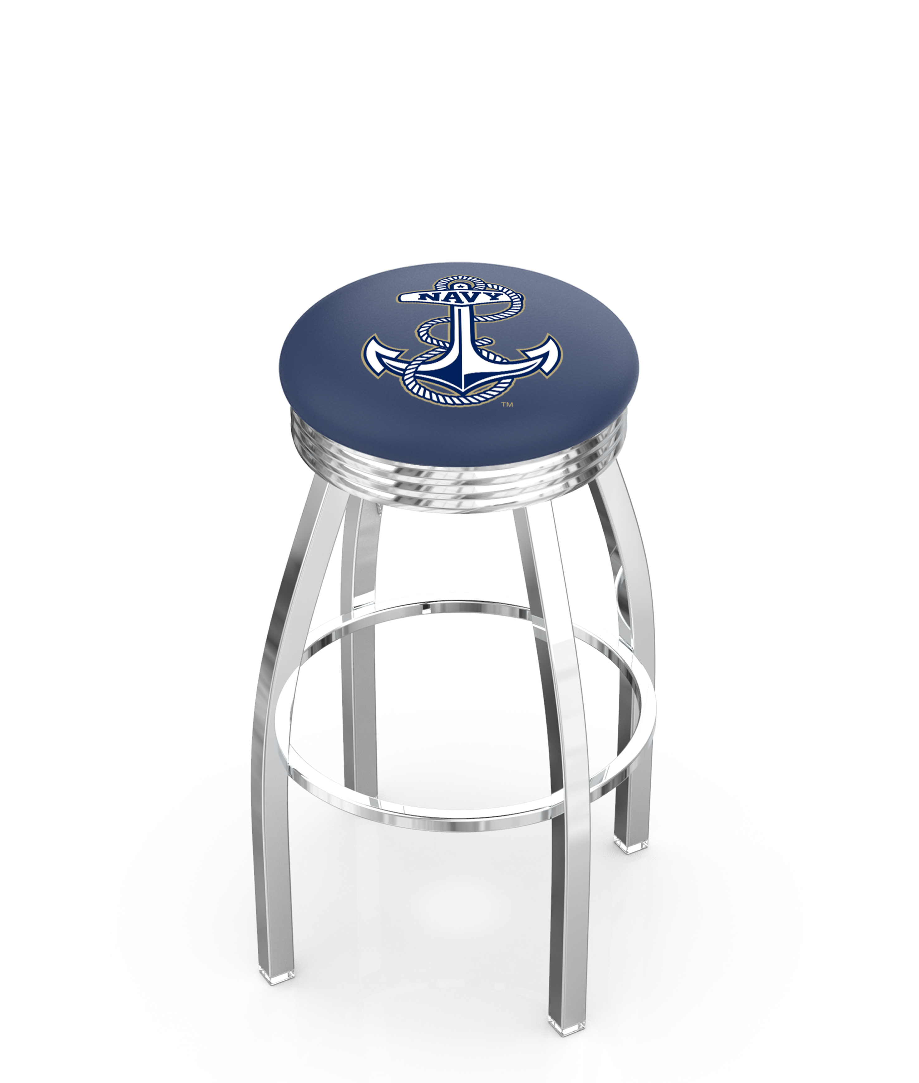30" L8C3C - Chrome US Naval Academy (NAVY) Swivel Bar Stool with 2.5" Ribbed Accent Ring by  Company