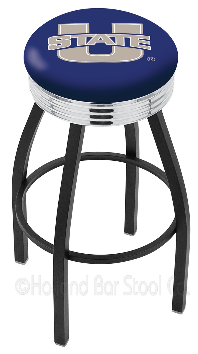 25" L8B3C - Black Wrinkle Utah State Swivel Bar Stool with Chrome 2.5" Ribbed Accent Ring by  Company