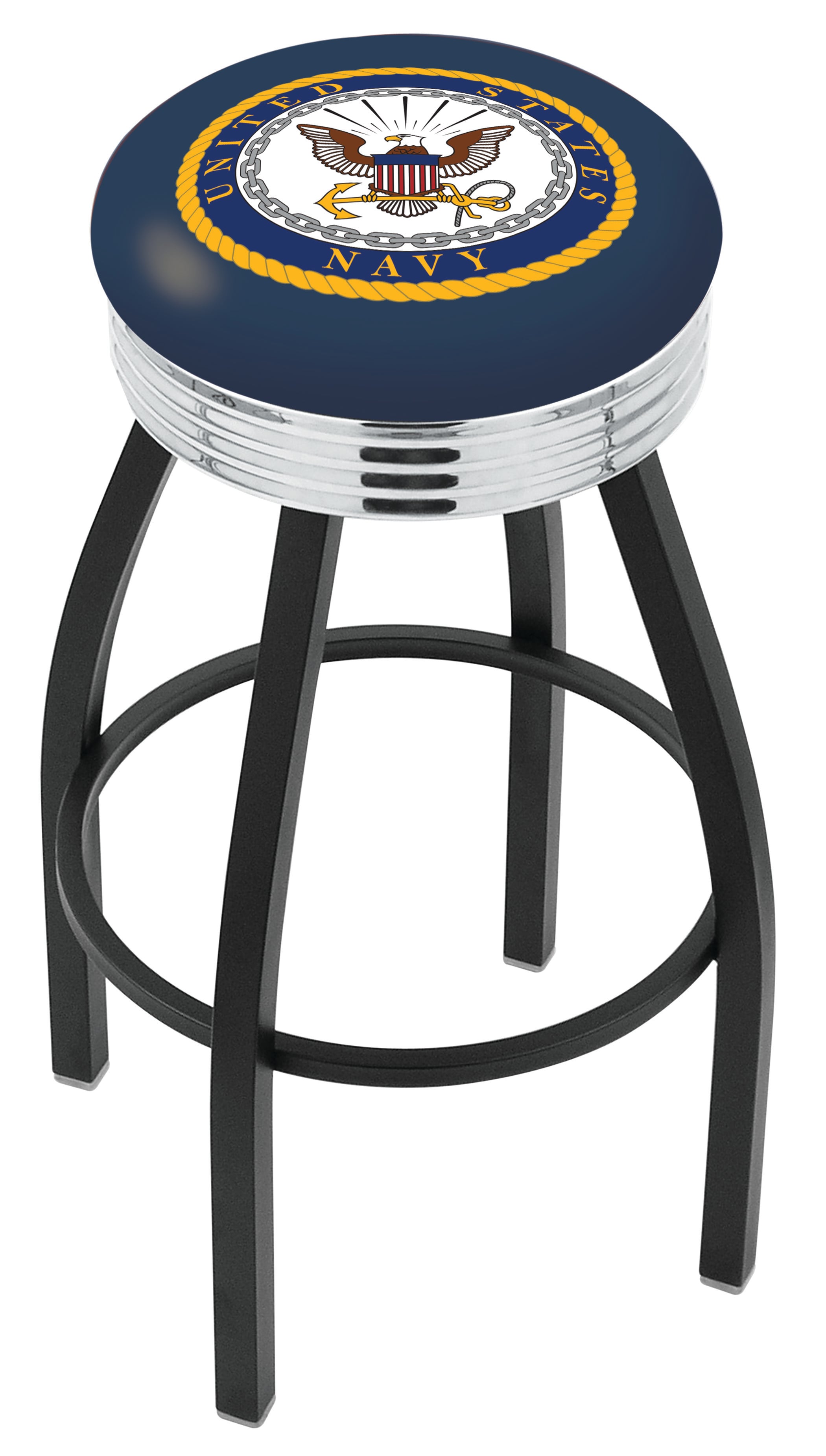 25" L8B3C - Black Wrinkle U.S. Navy Swivel Bar Stool with Chrome 2.5" Ribbed Accent Ring by  Company