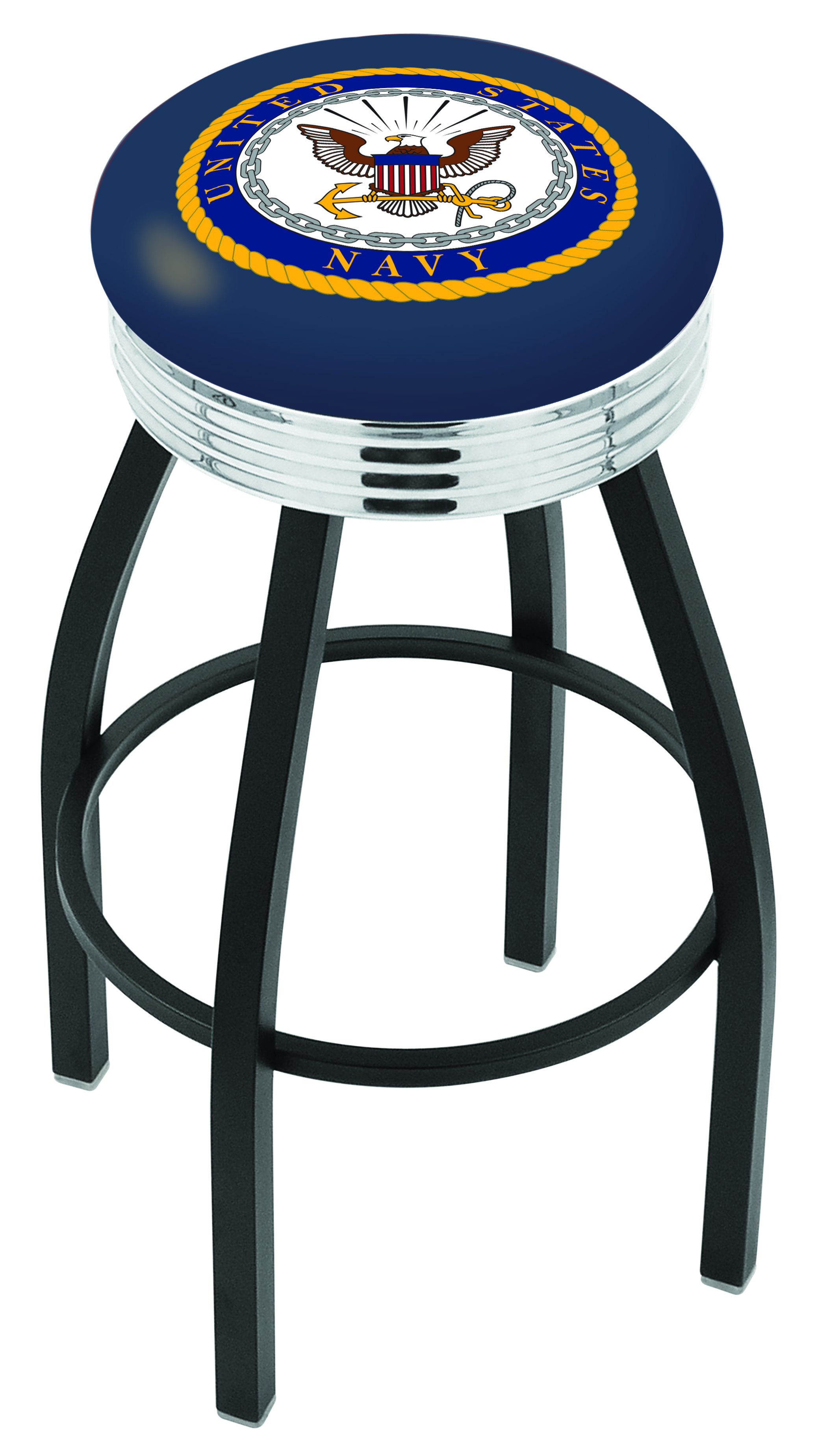 30" L8B3C - Black Wrinkle U.S. Navy Swivel Bar Stool with Chrome 2.5" Ribbed Accent Ring by  Company