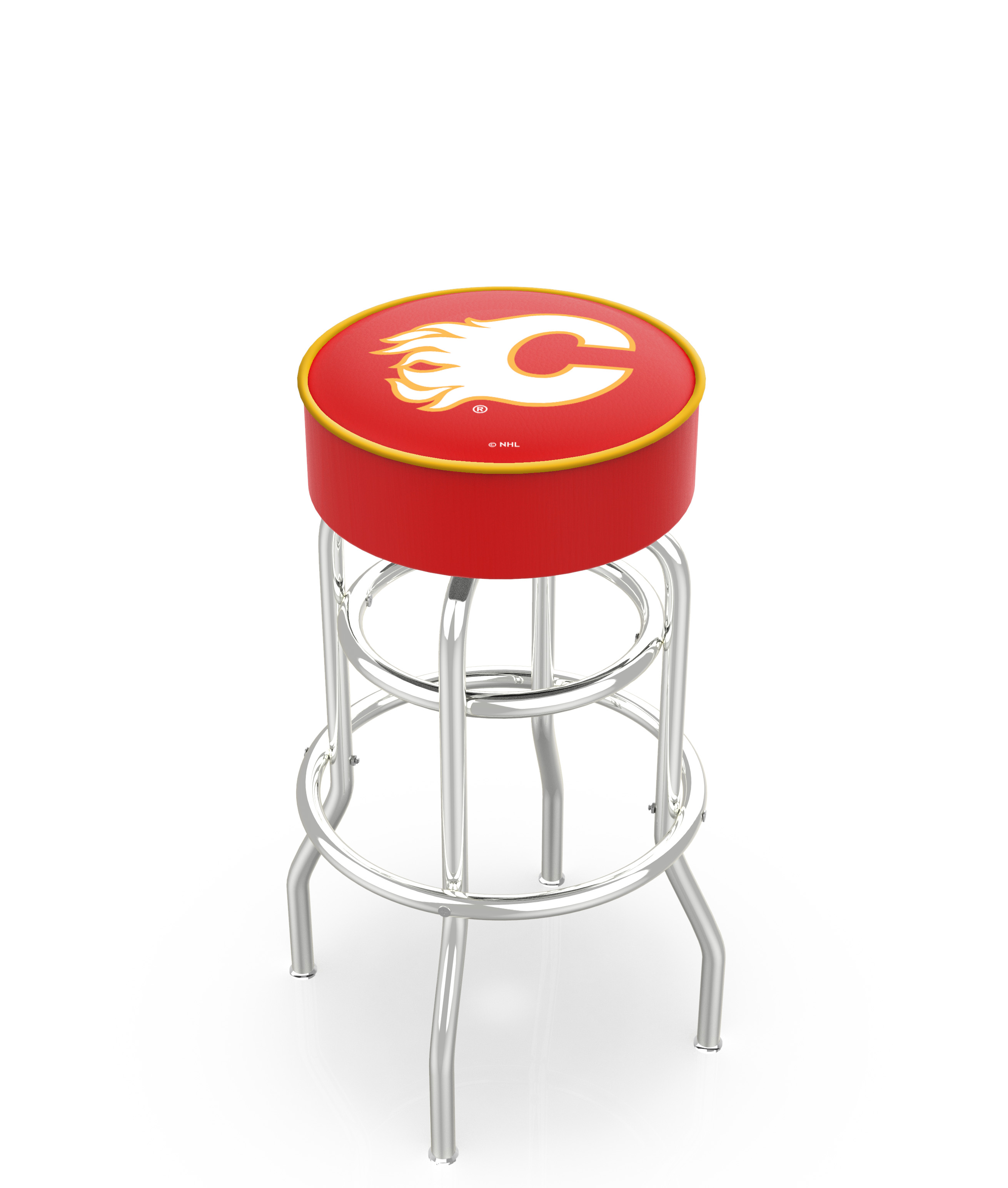30" L7C1 - 4" Calgary Flames Cushion Seat with Double-Ring Chrome Base Swivel Bar Stool by  Company