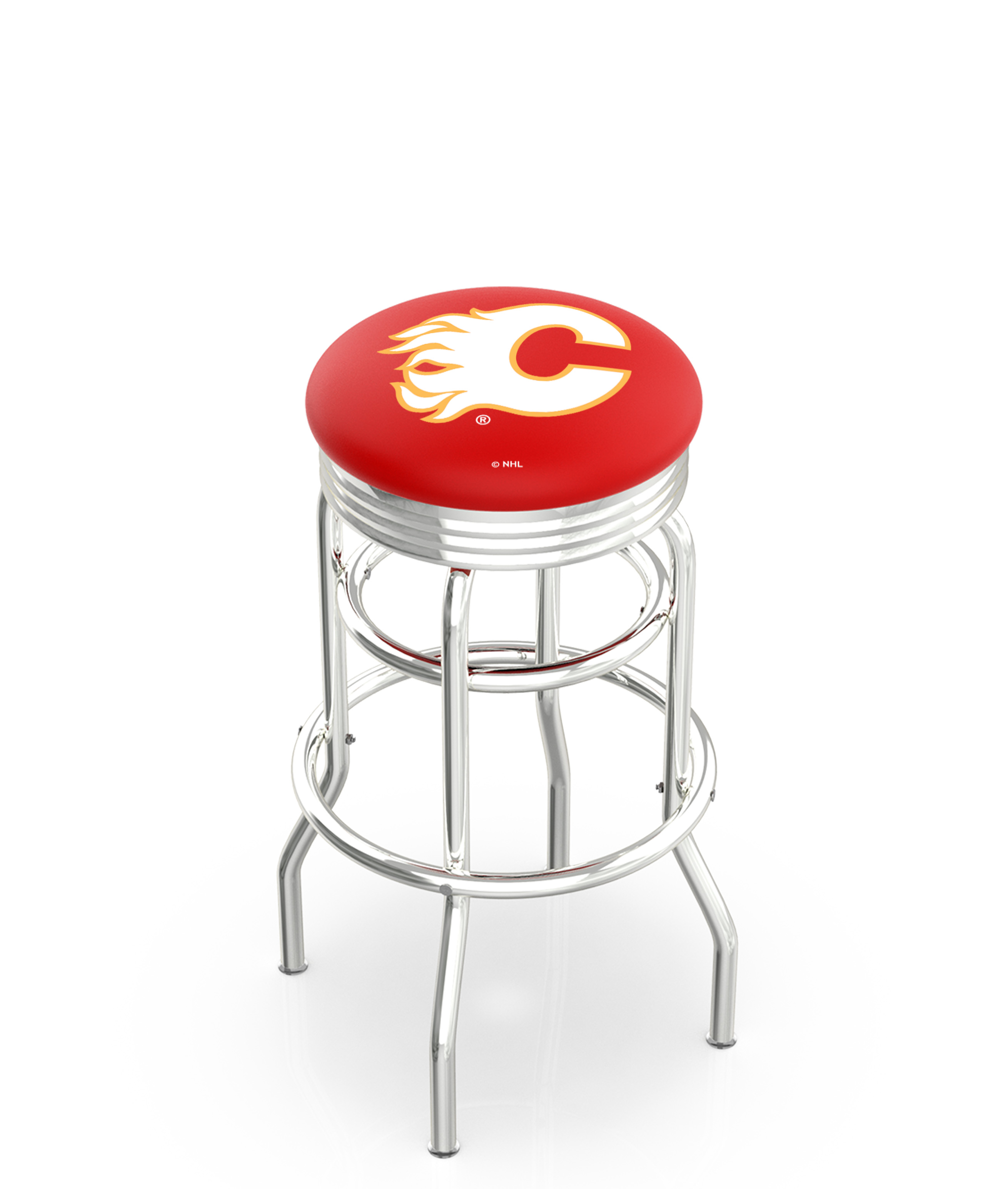 30" L7C3C - Chrome Double Ring Calgary Flames Swivel Bar Stool with 2.5" Ribbed Accent Ring by  Company