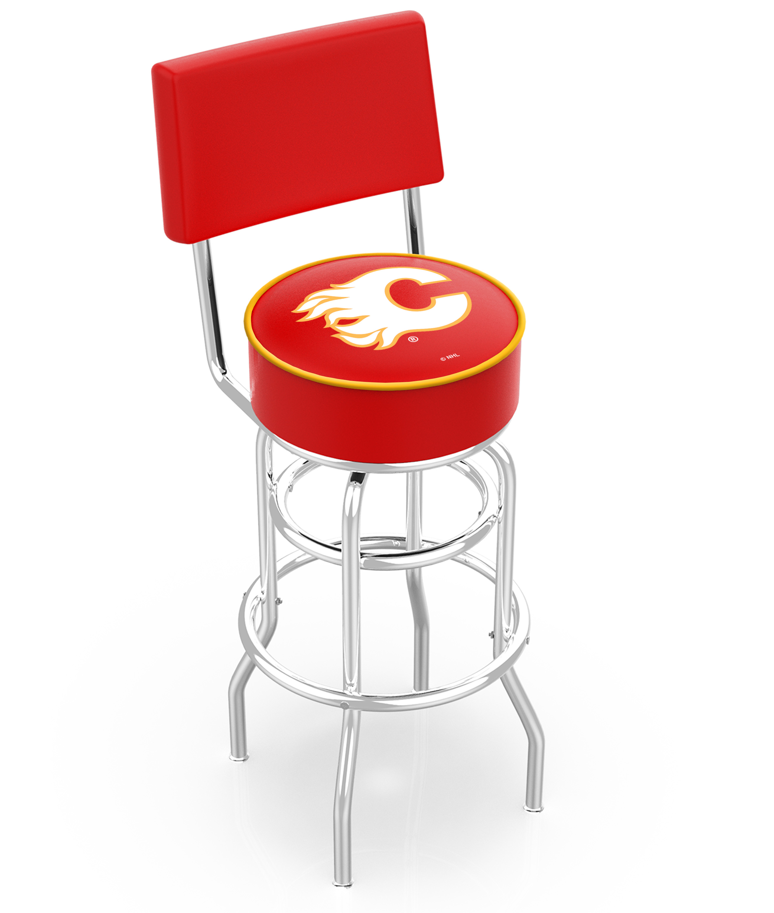 L7C430CalFla 30 in. Chrome Double Ring Calgary Flames Swivel Bar Stool With a Back