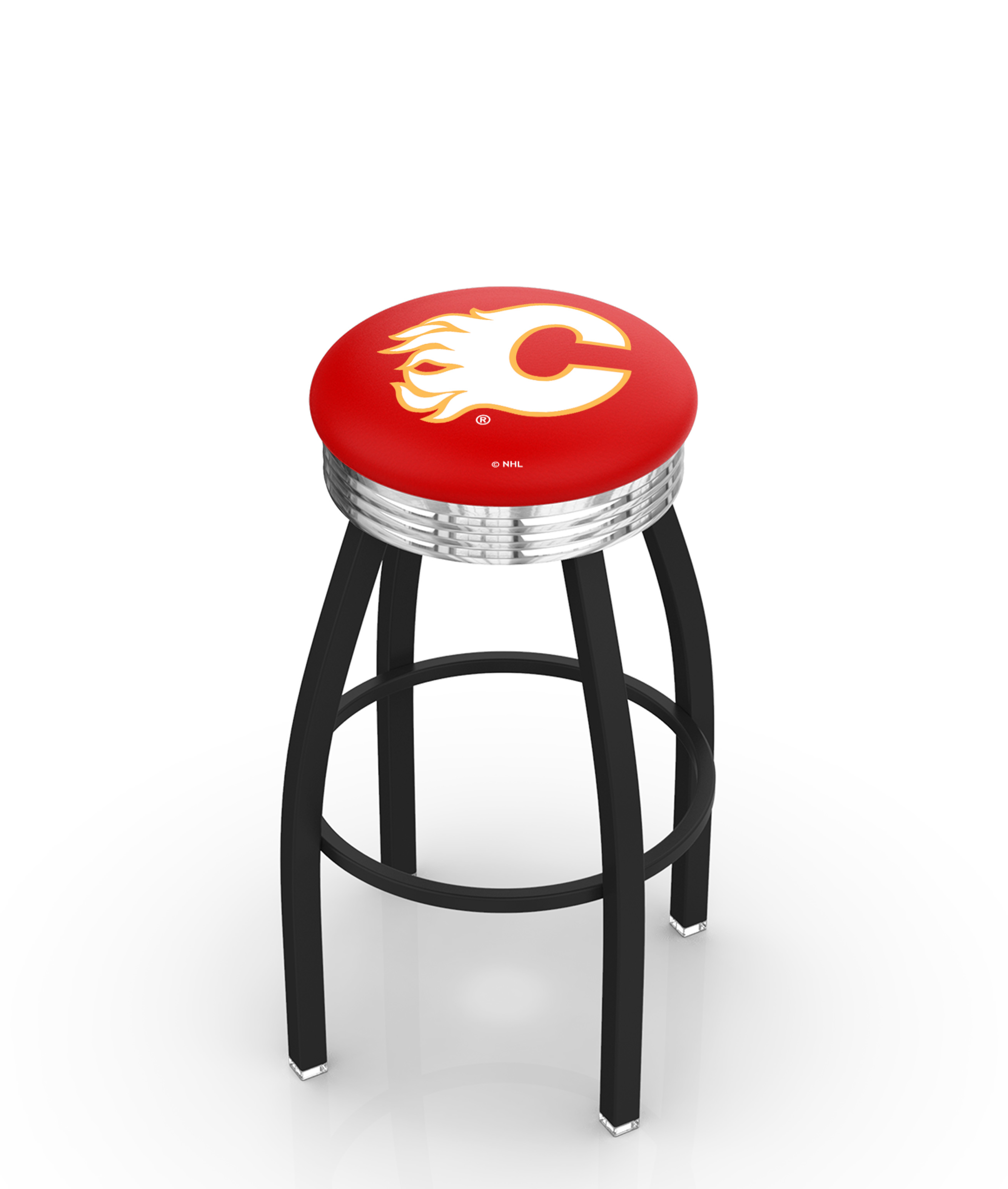 30" L8B3C - Black Wrinkle Calgary Flames Swivel Bar Stool with Chrome 2.5" Ribbed Accent Ring by  Company