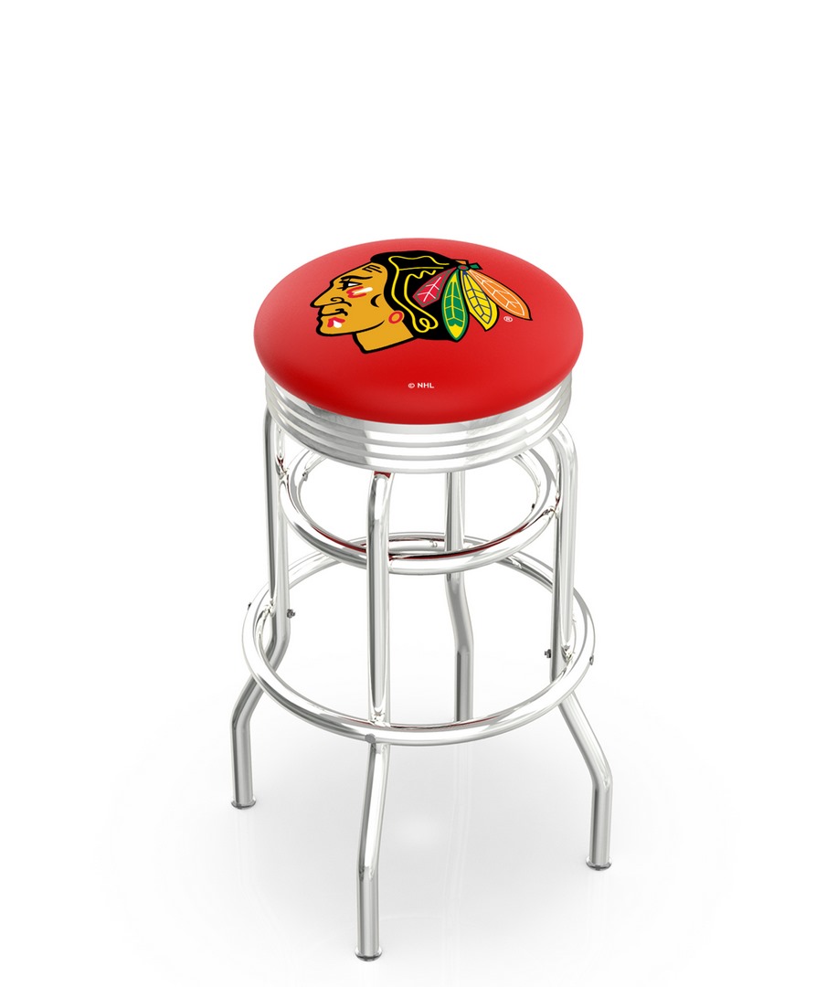 25" L7C3C - Chrome Double Ring Chicago Blackhawks Swivel Bar Stool with 2.5" Ribbed Accent Ring by  Company