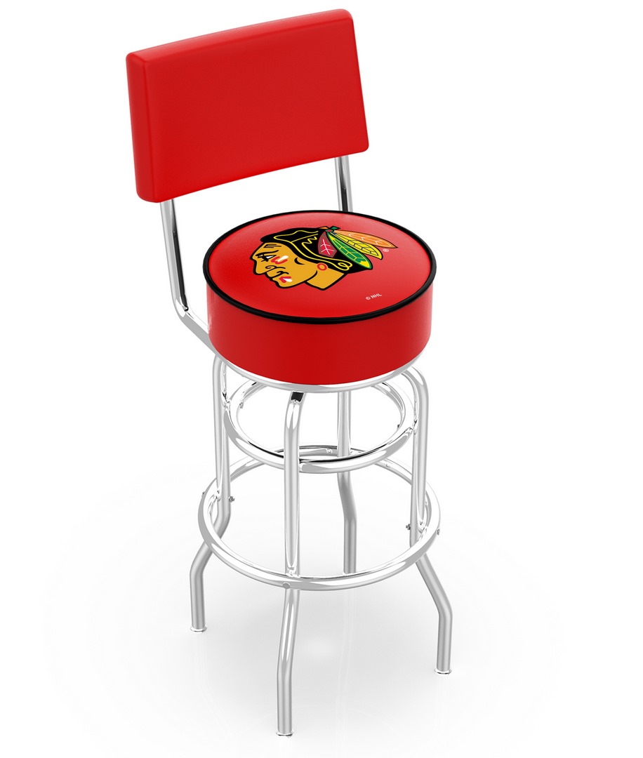 30 in. Chrome Double Ring Chicago Blackhawks Swivel Bar Stool With a Back