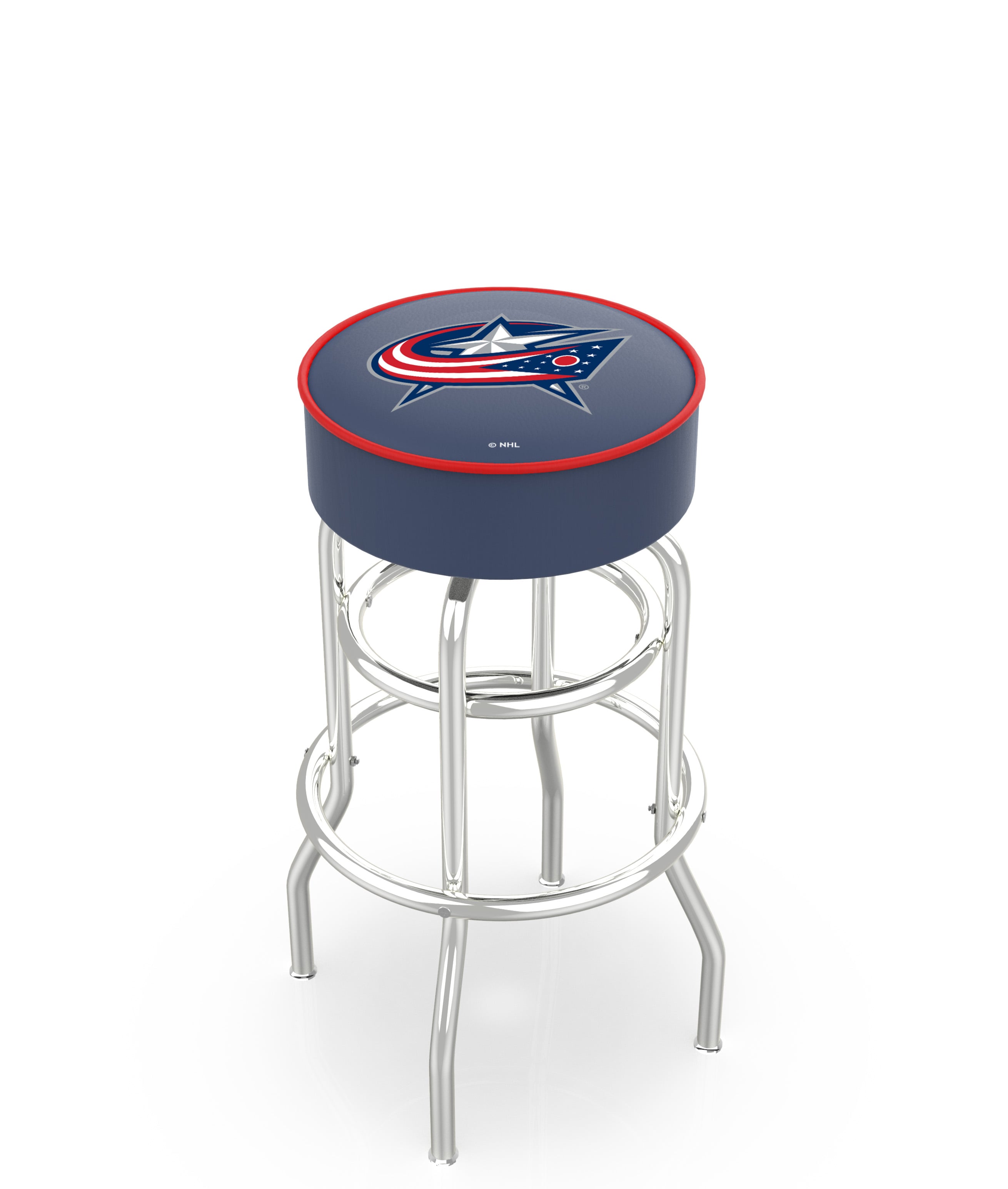 30" L7C1 - 4" Columbus Blue Jackets Cushion Seat with Double-Ring Chrome Base Swivel Bar Stool by  Company
