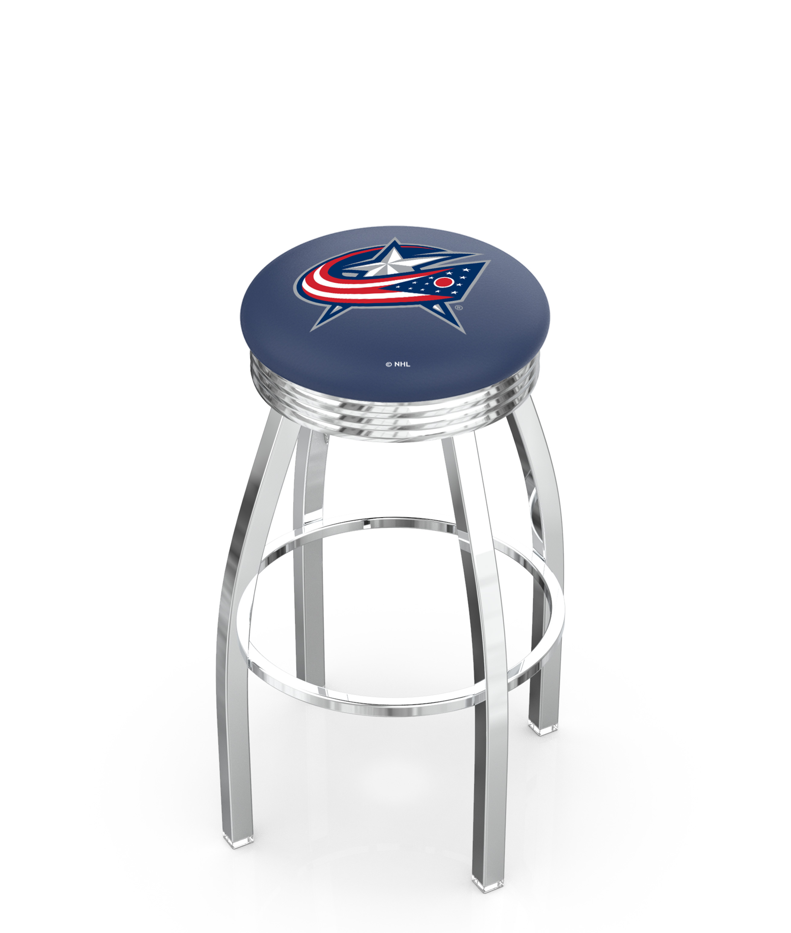 25" L8C3C - Chrome Columbus Blue Jackets Swivel Bar Stool with 2.5" Ribbed Accent Ring by  Company