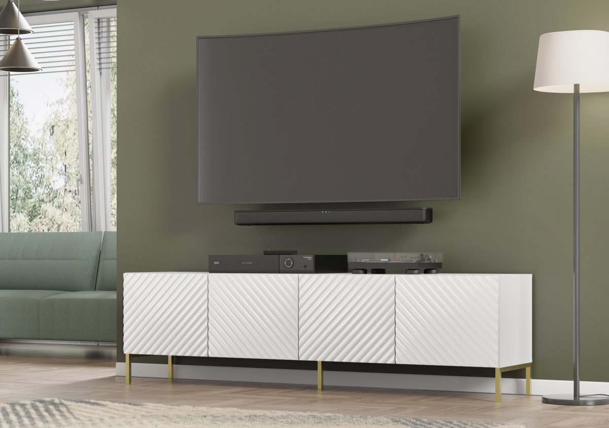 Picture of Homlando SURF-TV-STAND-200-4D-WHITE-GLOSS-GOLD-LEGS 78.6 in. Surf TV Cabinet - White High Gloss & Gold Legs