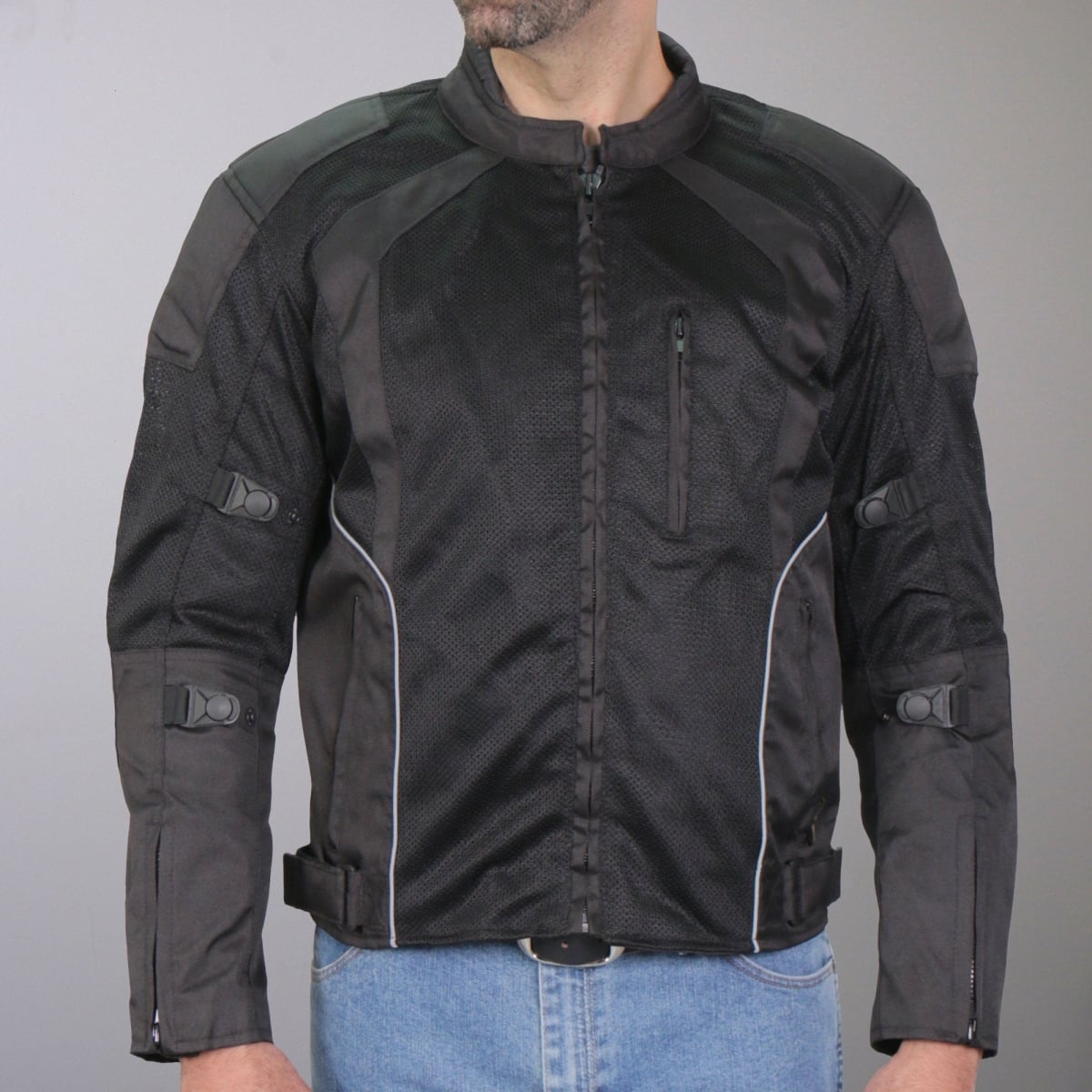 JKM1025 Men Biker Armored Nylon Mesh Motorcycle Jacket with Reflective Piping & Concealed Carry Pocket - Black - Small