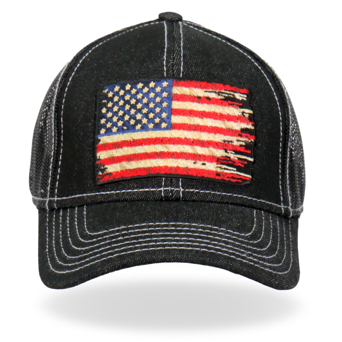 GSH1030 Denim Tattered Flag Trucker Hat - Black - Adjustable Size