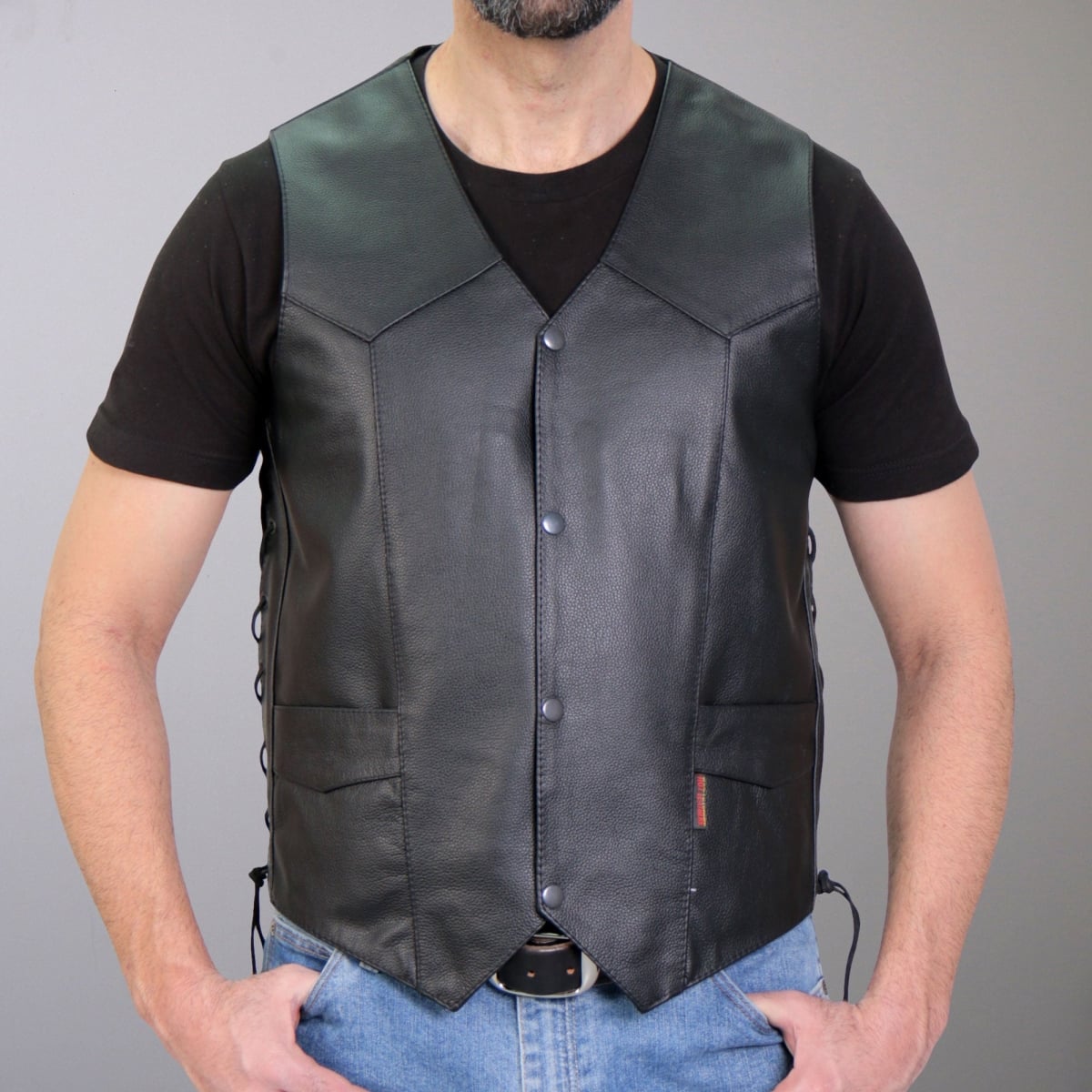 vsm1033 Men Motorcycle Classic Side Lace Leather Biker Vest - Black - Extra Small