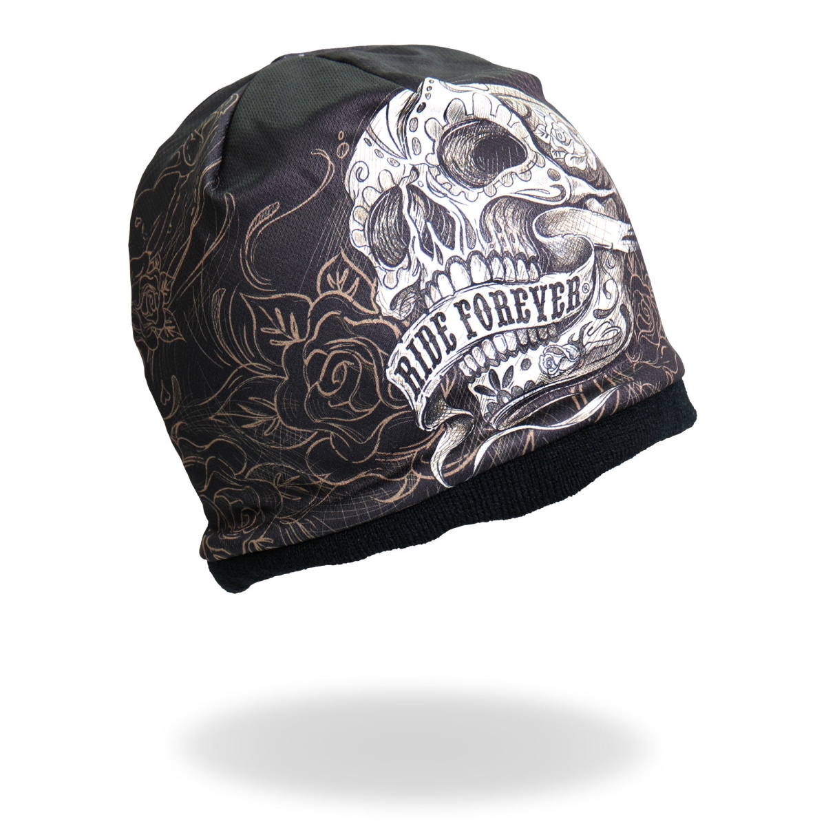 KHC1005 Banner Skull Beanie - Black - One Size Fits Most