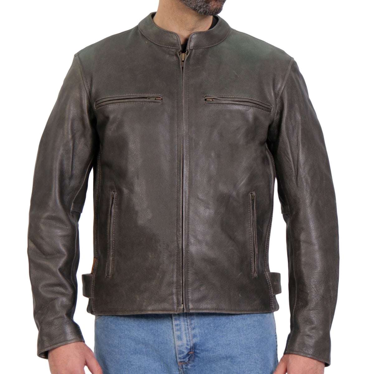 jkm1029 Men Motorcycle Style Carry & Conceal Leather Biker Jacket - Distressed Brown - Medium