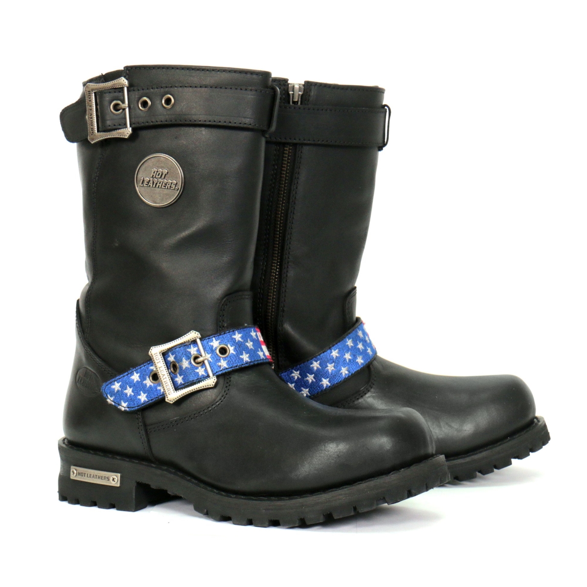 BTM1019 Men Tall Round Toe Harness Boots with Flag Strap - Black - Size 7