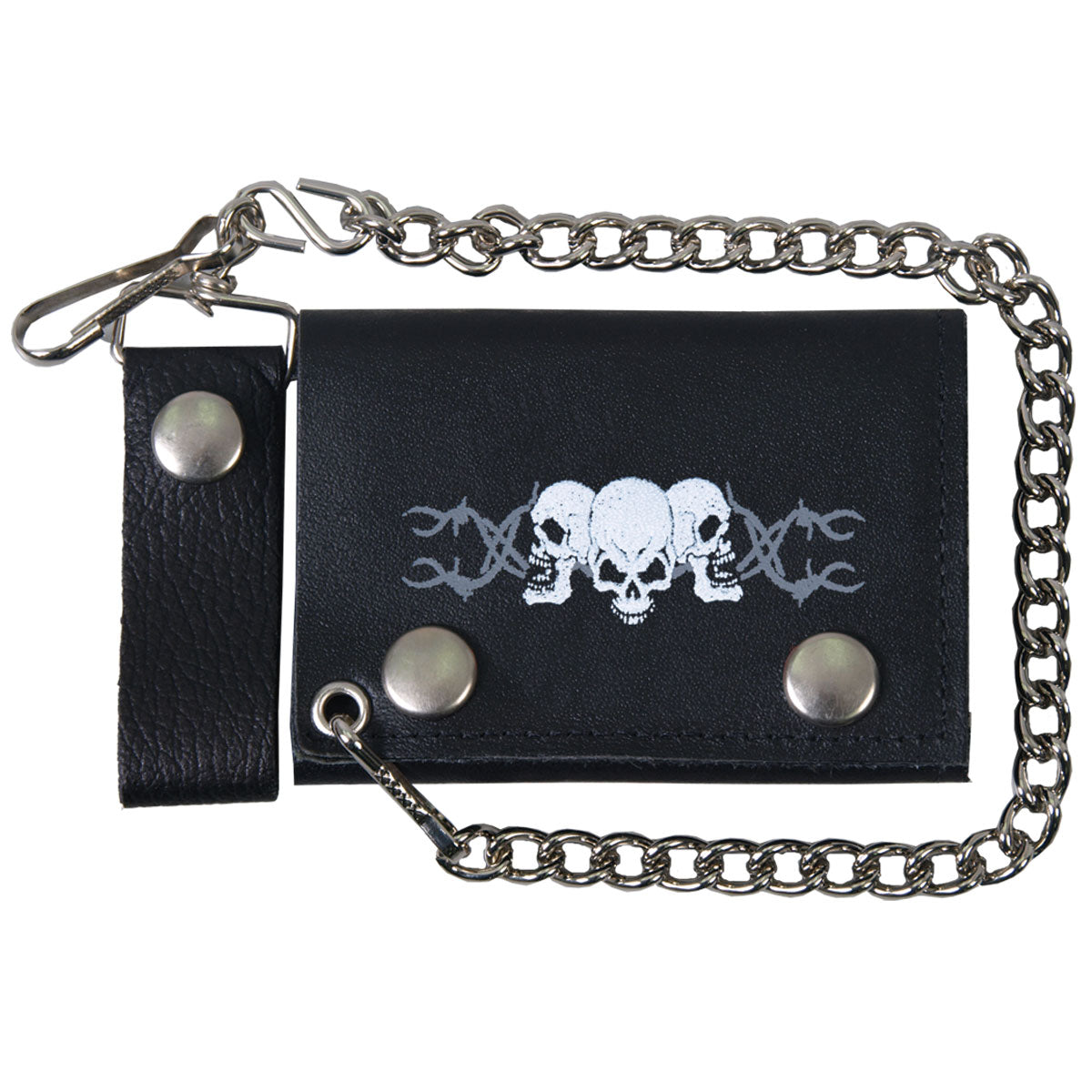 WLB1014 4 in. Barbed Wire Skulls Leather Wallet with Chain - Black
