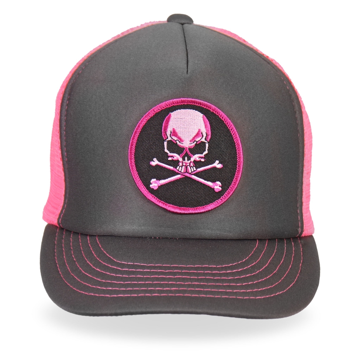 GSH1011 Skull & Crossbones Trucker Hat - Grey & Pink - Adjustable Size