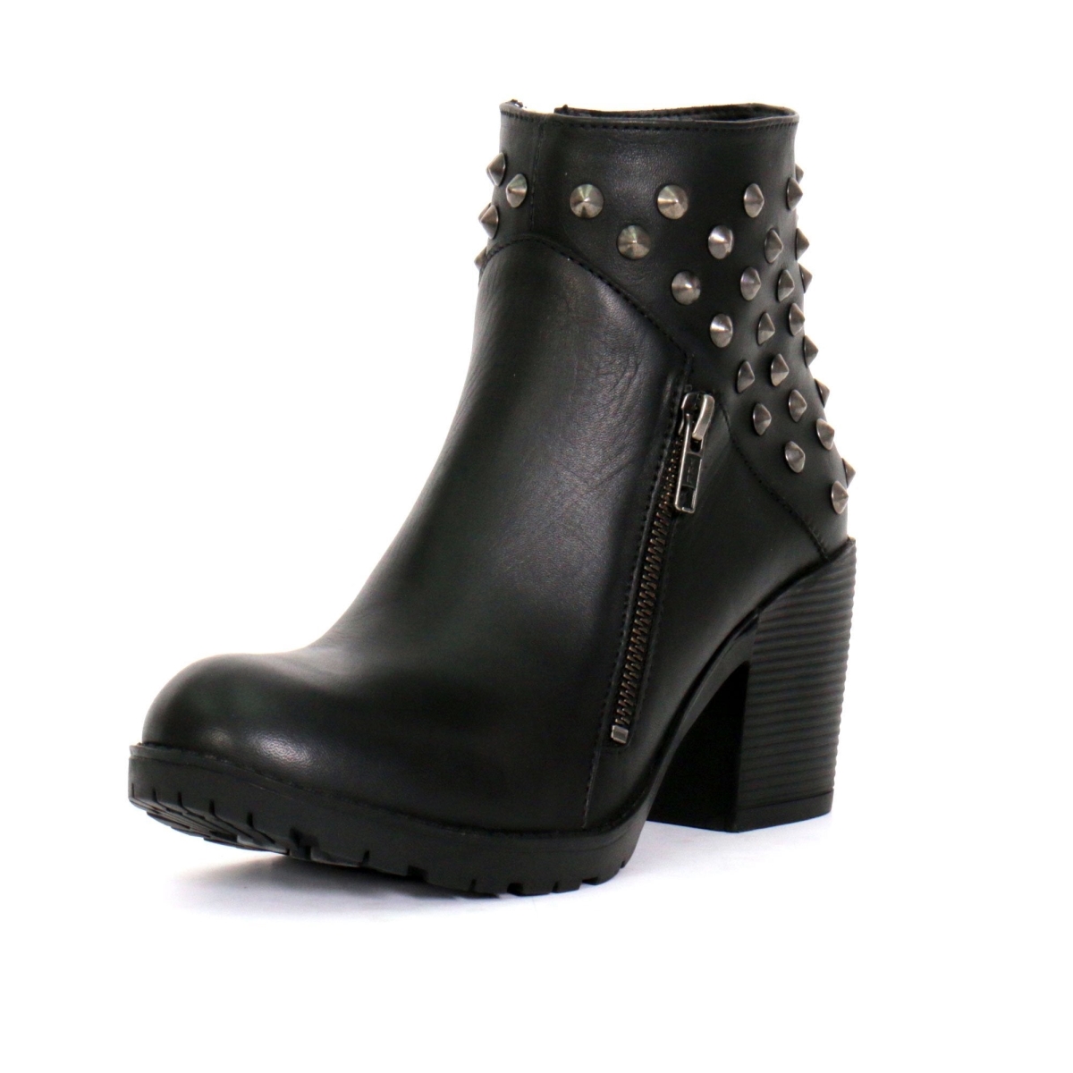 BTL1003 5 in. Ladies Studded Ankle Leather Boots with Side Zippers - Black