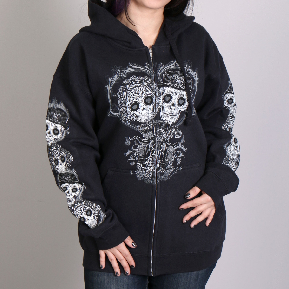 glz4408 Sugar Couple Full Cut Zip Up Hoodie Sweat Shirt - Black - Small