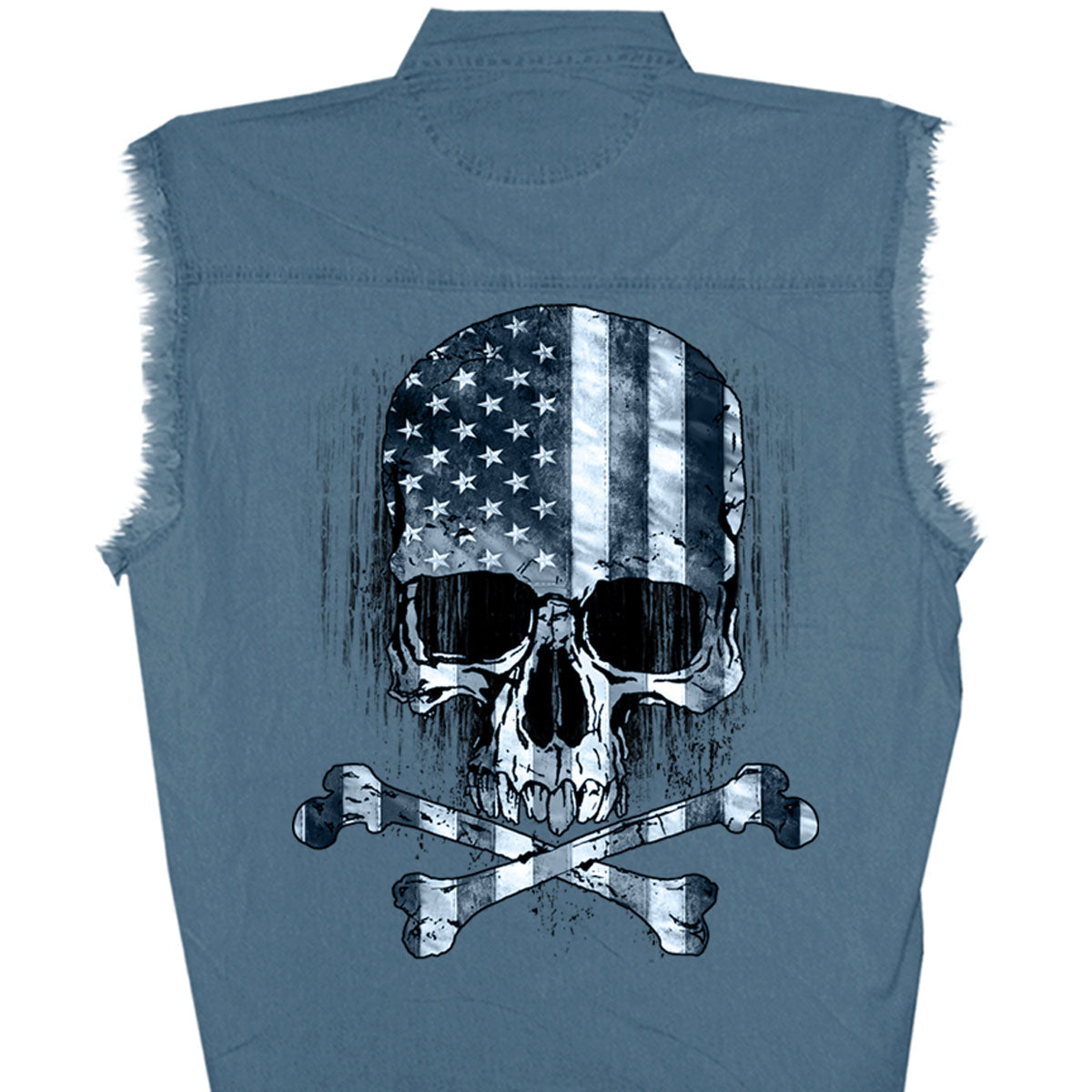 gmd5372 Mens Flag & Skull Sleeveless Shirt - Blue Denim - Medium