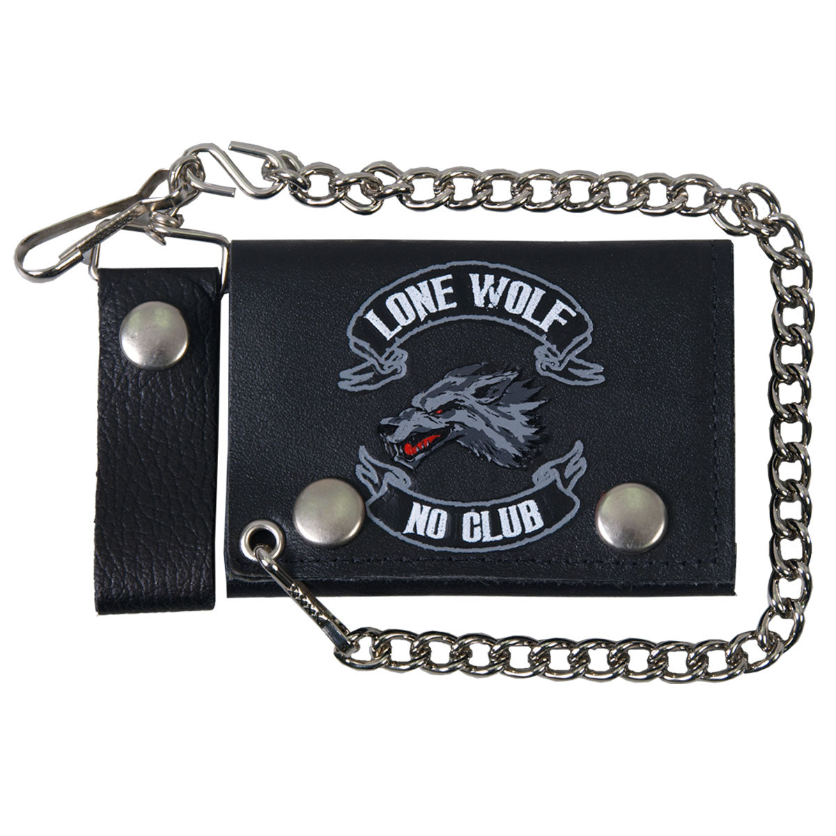 WLB1007 4 in. Lone Wolf Tri-Fold Leather Wallet with Chain - Black