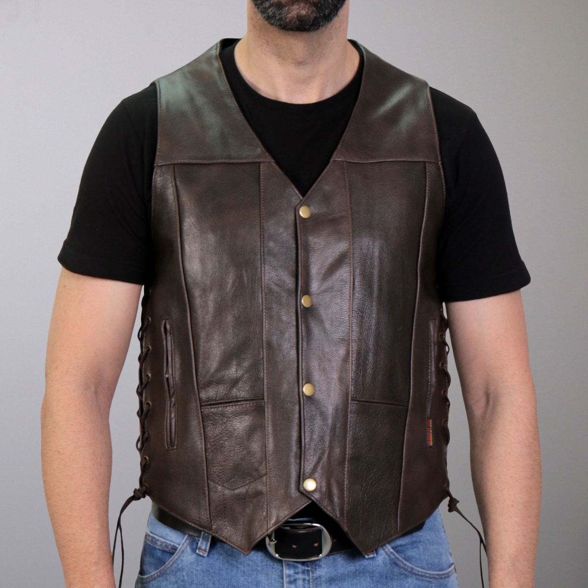 VSM1040 Men Retro Motorcycle Style Side Lace Leather Biker Vest - Brown - Medium