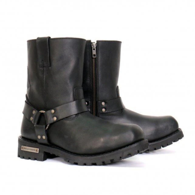 BTM1004 8 in. Men Short Harness Leather Boots with Lug Sole - Black