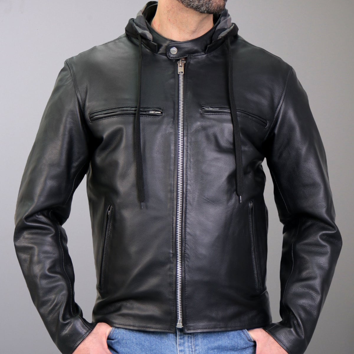 JKM1030 Men Motorcycle Carry & Conceal Leather Biker Jacket with Flannel Lined Hood - Black - Medium