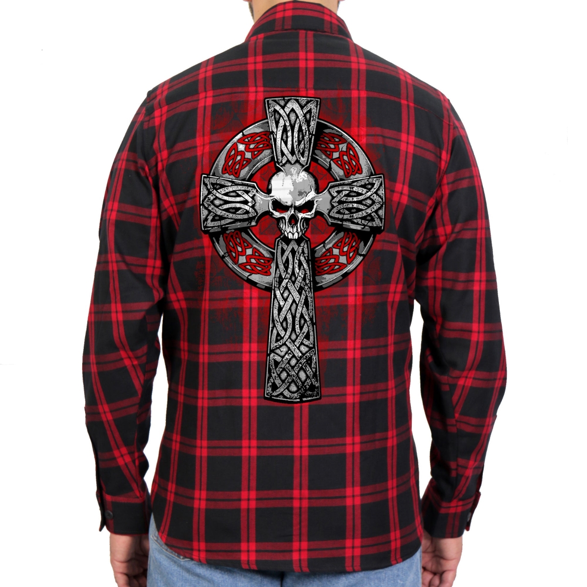 FLM2112 Mens Celtic Cross Flannel Long Sleeve Shirt - Red & Black - Medium