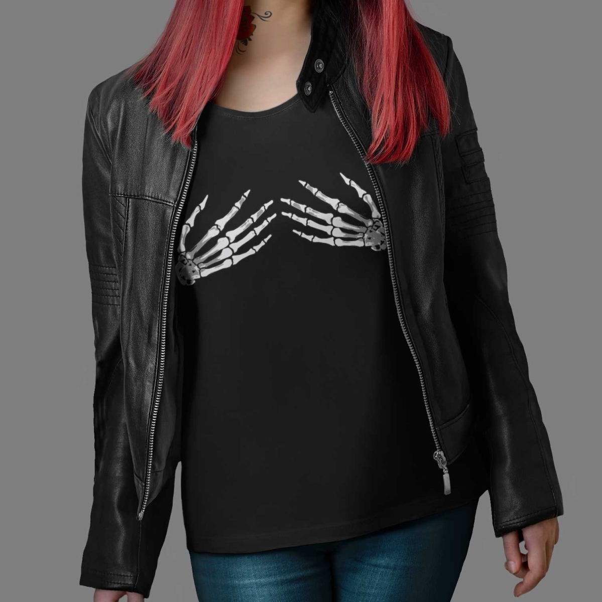 GLR1012 Ladies Full Cut Skeleton Hands Short Sleeve T-Shirt - Black - Small
