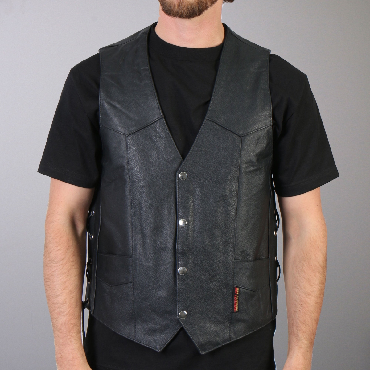 vsm1022 Men Motorcycle Conceal & Carry Leather Biker Vest - Black - Small