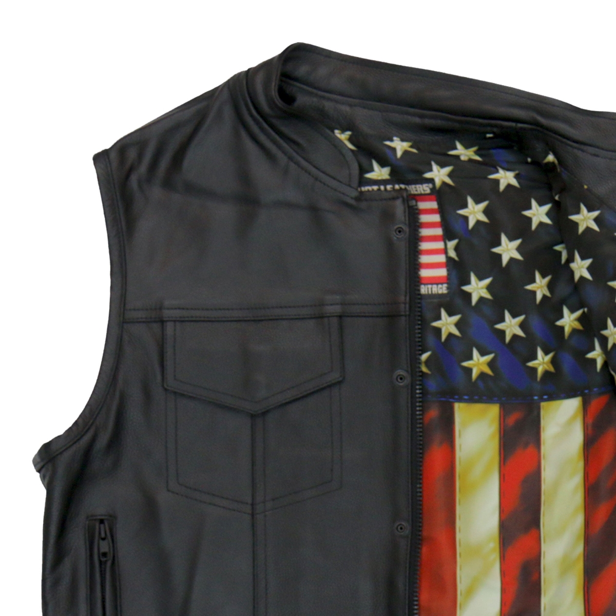 VSM1056 Men Vintage USA Flag Motorcycle Club Style Conceal & Carry Leather Biker Vest - Black - Medium