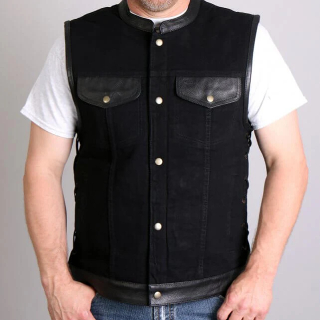 VSM6101 Men's Black Denim & Leather Biker Vest - Medium - Classic Style - Conceal Pockets