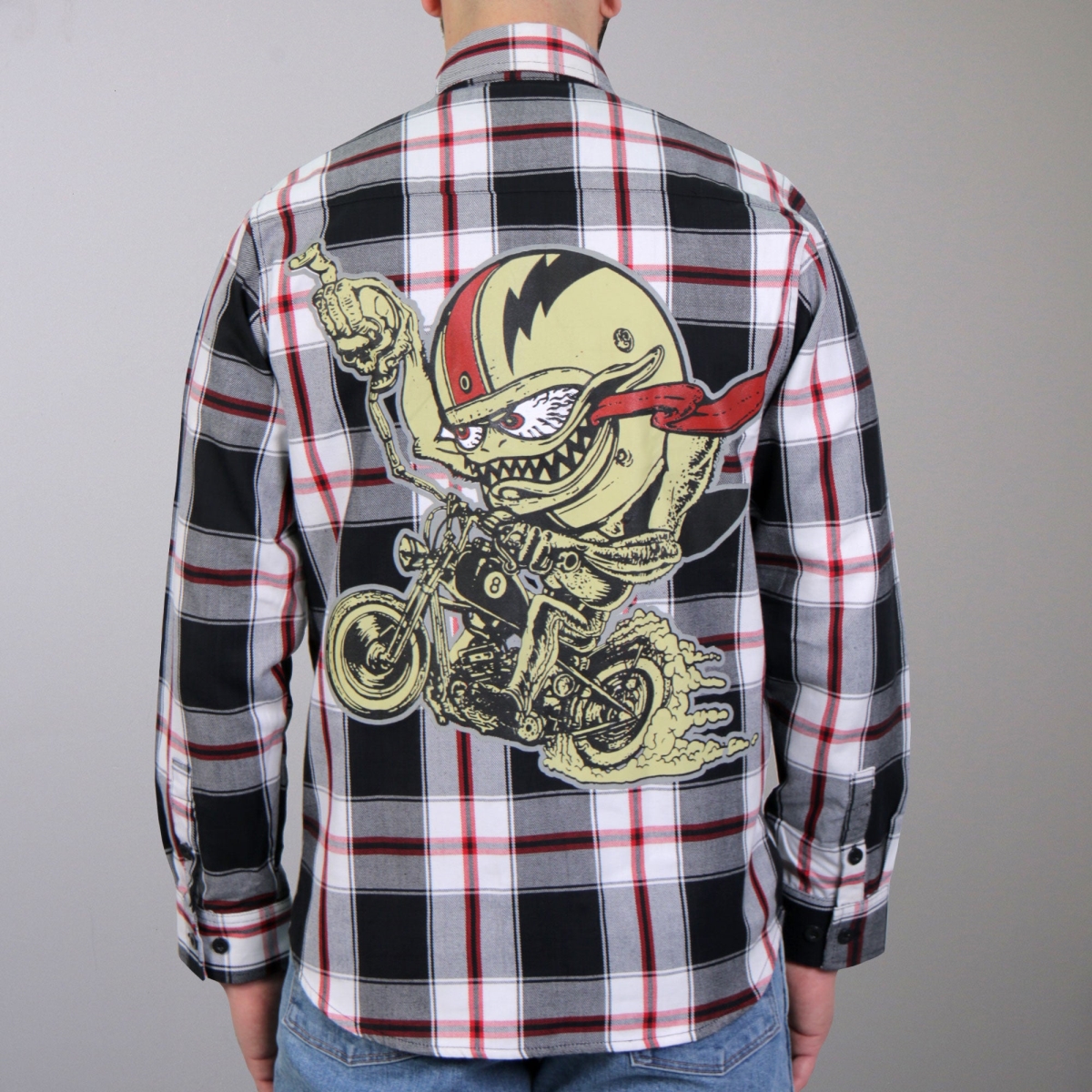 FLM2104 Mens Bobber Monster Flannel Long Sleeve Shirt - Black, White & Red - Medium