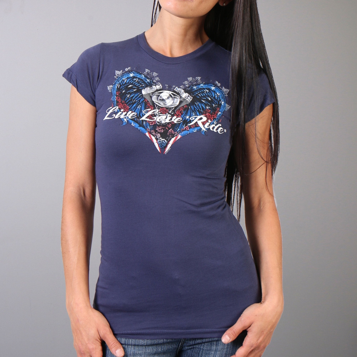 GLD1297 Live, Love & Ride Ladies Angel Wings T-Shirt - Navy Blue - Small