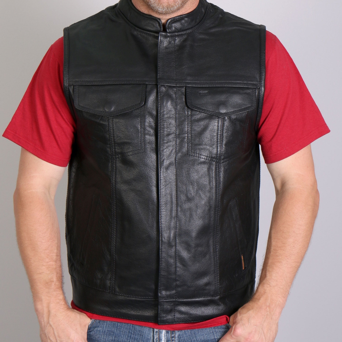 vsm1018 Men Motorcycle 10 Pocket Club Style Cowhide Leather Biker Vest - Black - Medium