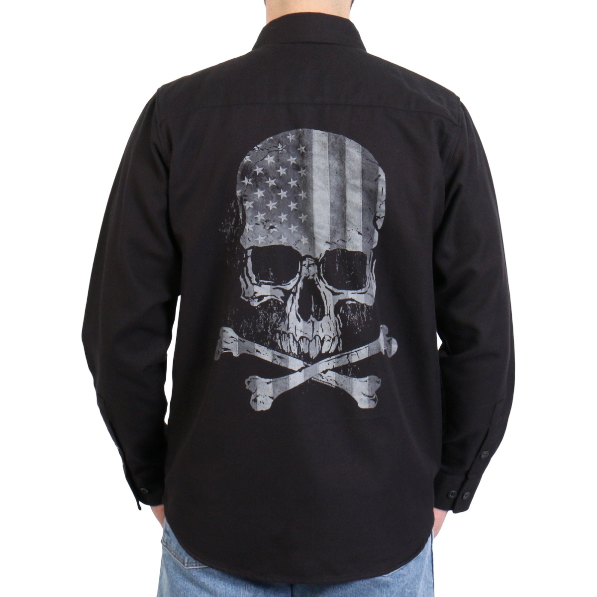 FLM2113 Mens Flag Skull Long Sleeve Flannel Shirt - Black - Medium