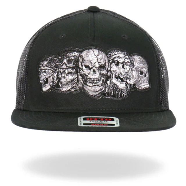GSH2034 5 Skulls Straight Snapback Hat - Black - Adjustable Size