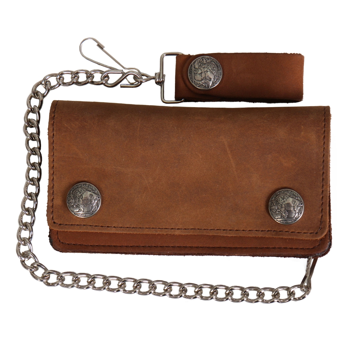 WLA2016 6 in. Buffalo Nickel Bi-Fold Leather Wallet with Chain - Brown