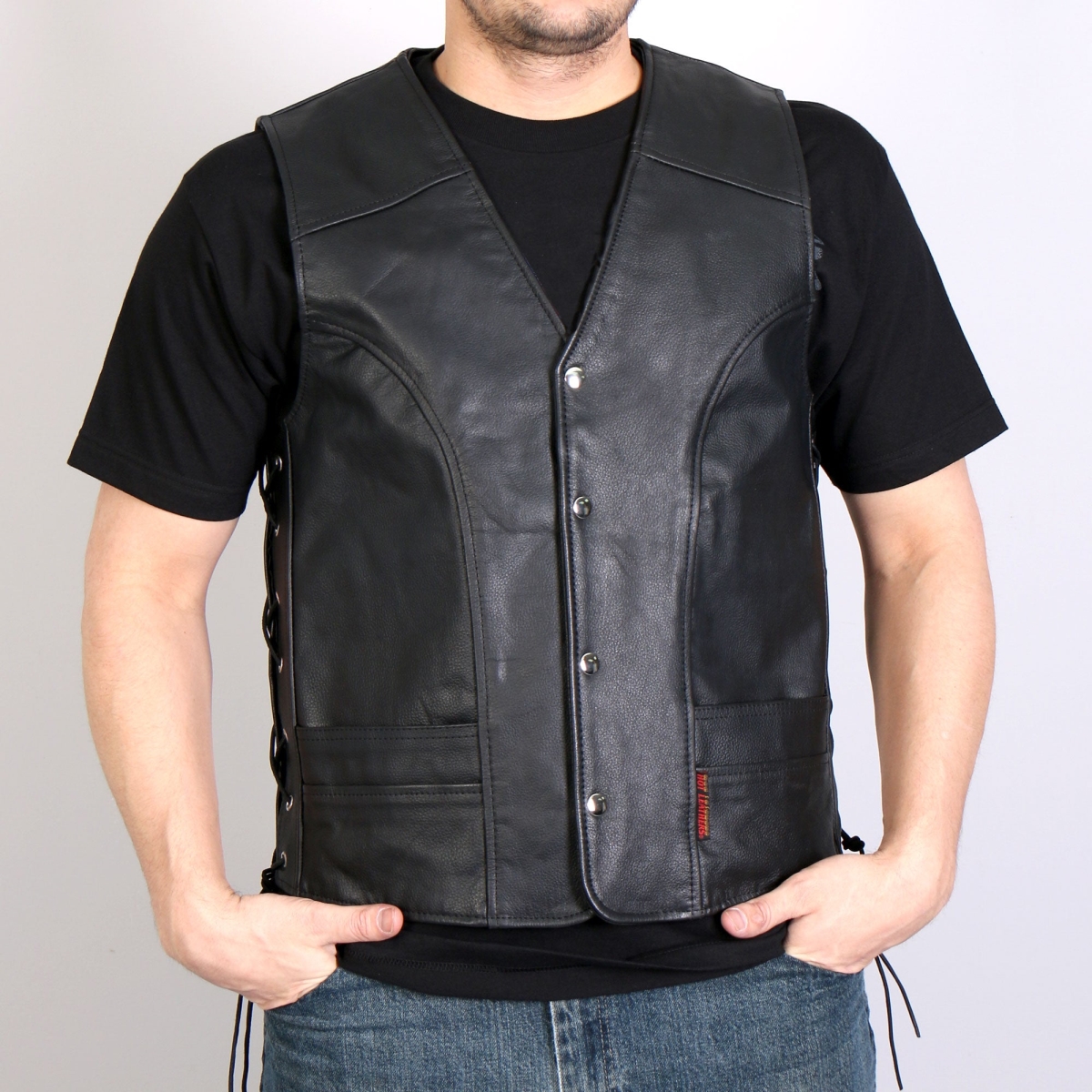 vsm1030 Men Motorcycle Conceal & Carry Leather Biker Vest - Black - Small