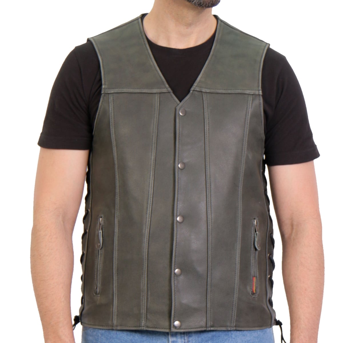 VSM1041 Men Motorcycle Style Rub-Off Side Lace Leather Biker Vest - Grey - Medium