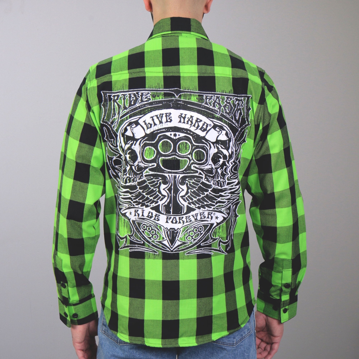 FLM2106 Mens Brass Knuckles Flannel Long Sleeve Shirt - Black & Neon - Medium
