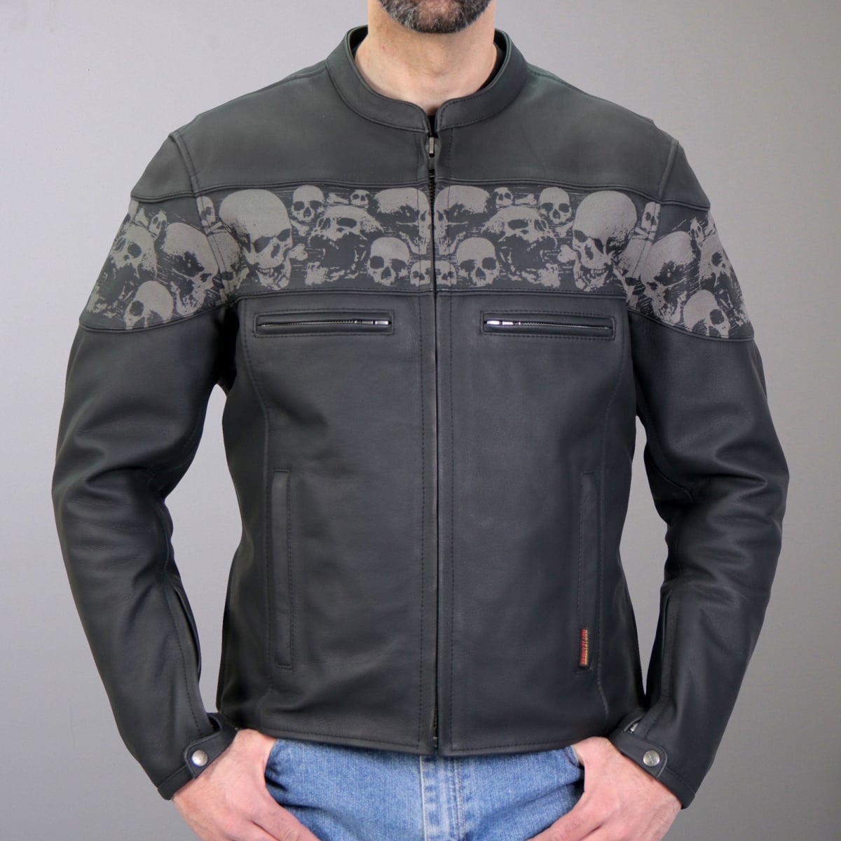 JKM2002 Men Biker Reflective Skull Printed Leather Motorcycle Jacket with Concealed Carry Pockets - Black - Small