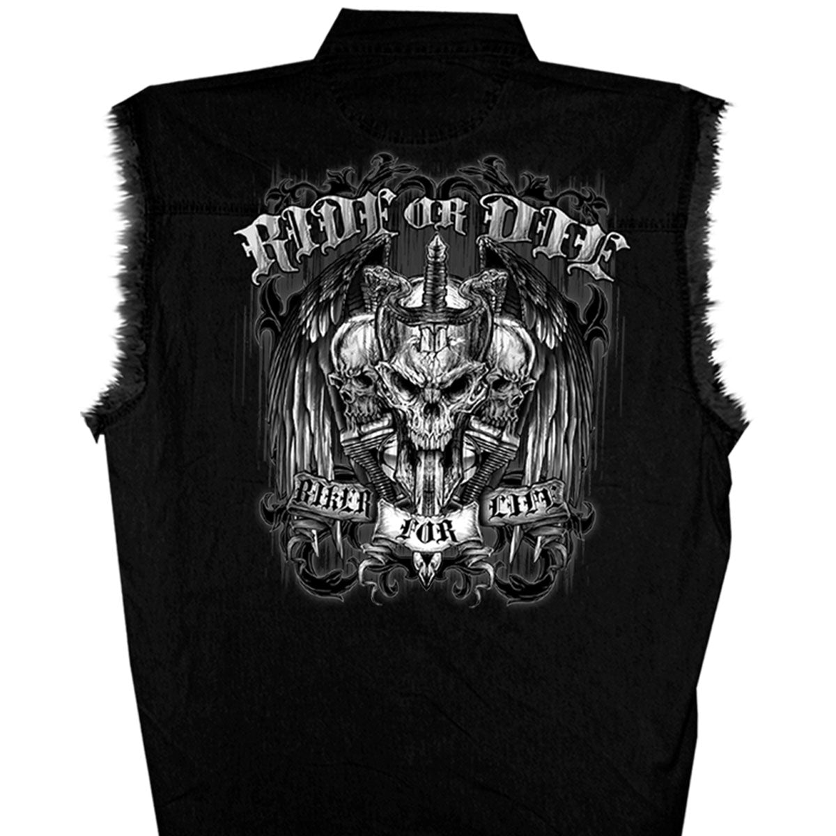 gmd5015 Mens Ride Or Die Skull Sleeveless Denim Shirt - Black - Medium