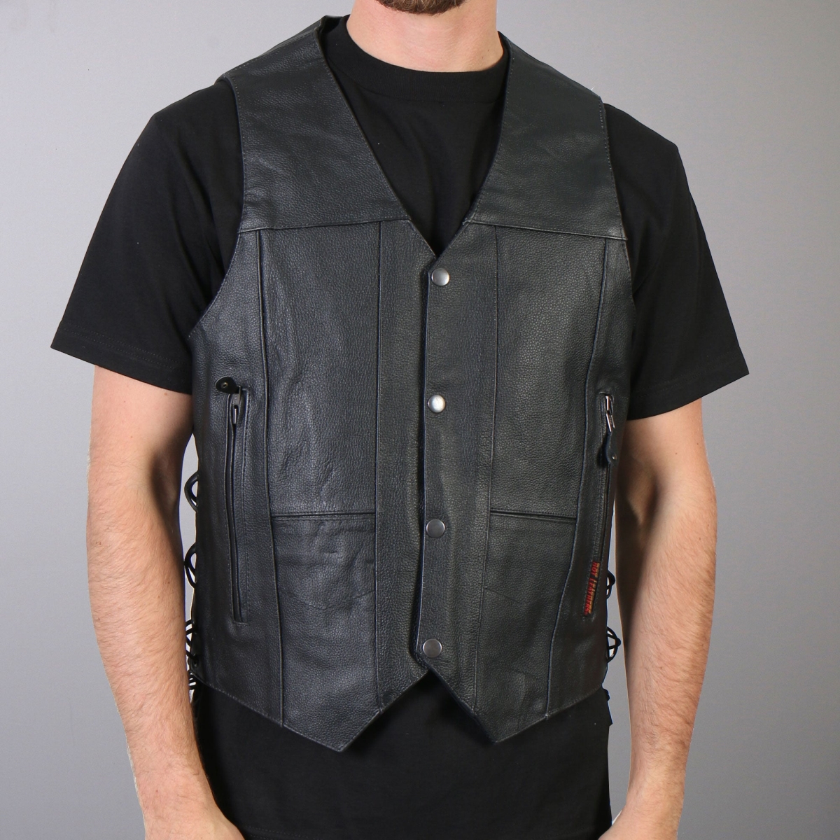 vsm1017 Men Motorcycle 10 Pocket Leather Biker Vest with Side Laces - Black - Small